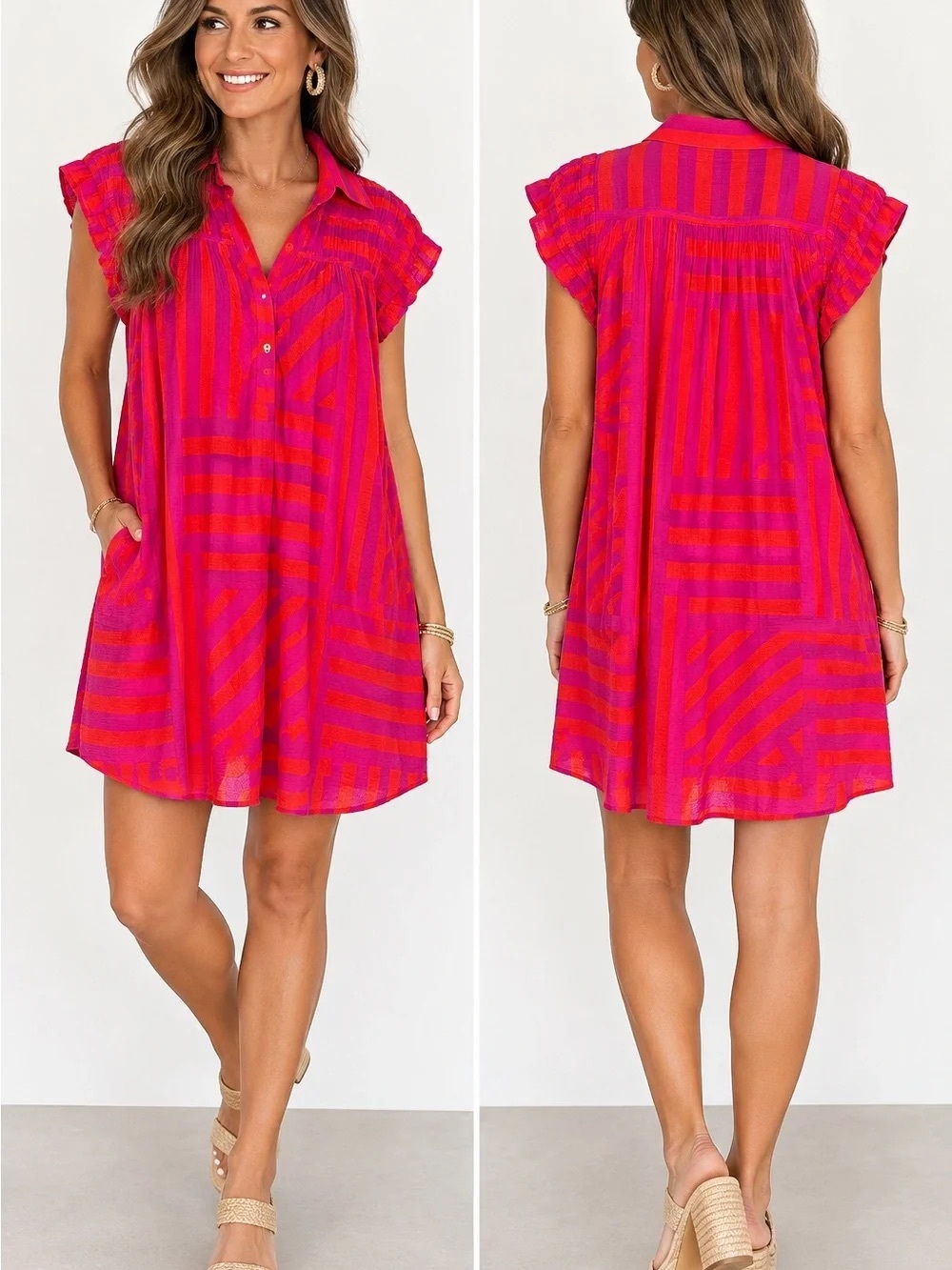 THML Printed Mini Dress Colorful Pink Orange Resort Vacation Ruffle Sleeve Small